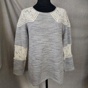 Hannah Women's Small Gray Marled Round Neck Lace Detail Top Soft Cozy Feminine